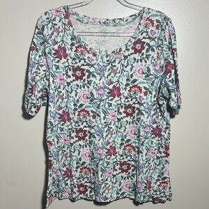 J Jill Large Petite Floral Pima Cotton Elbow Scoop Neck Top